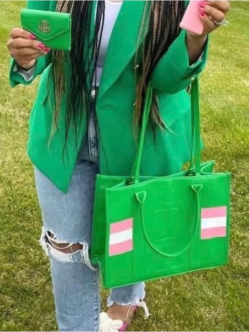 Ivy Storehouse Green Tote Bag with Pink Stripe Accent with matching Wallet New